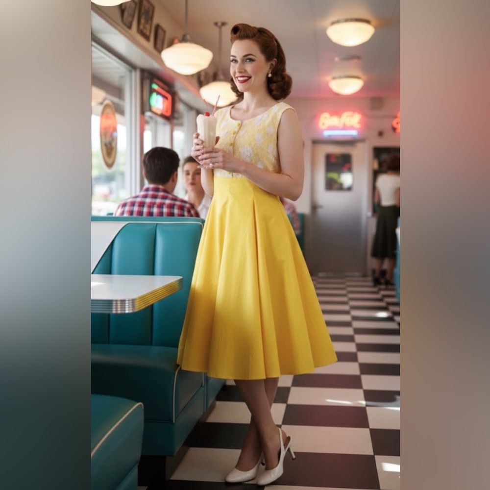 ZAPAKA 1950s Yellow Dress Full Skirt Laced Bust NWOT